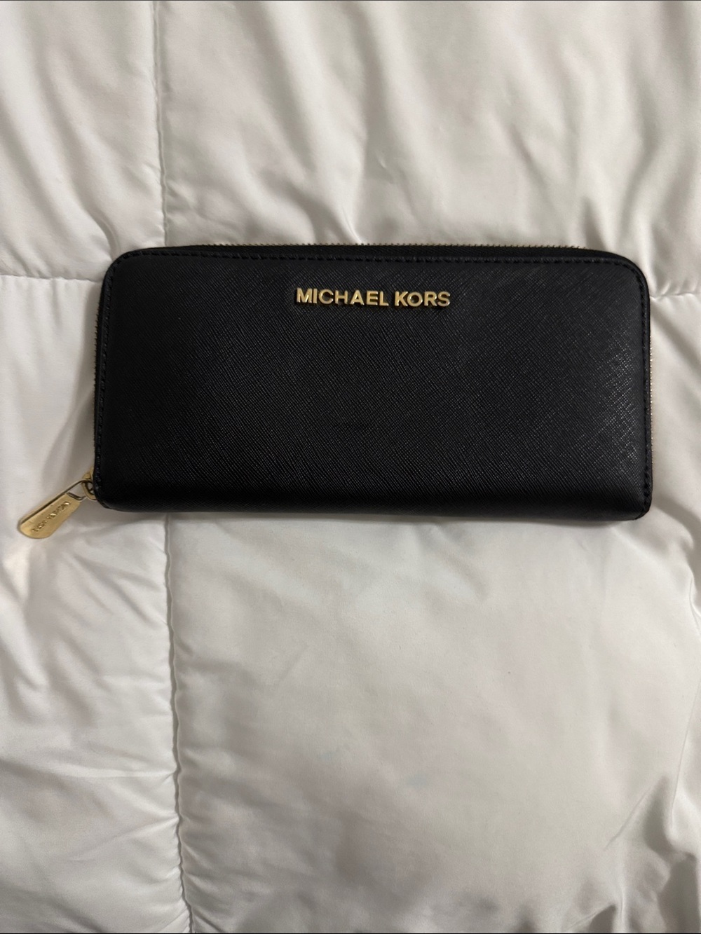 Michael Kors Black Zip-Around Saffiano Wallet with Gold Hardware